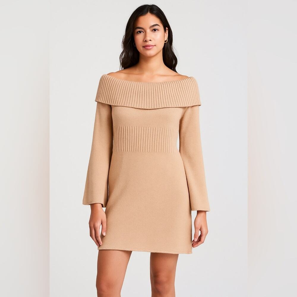 New Backyard Roses Off the Shoulder Sweater Dress Tan Womens Extra Large Mini